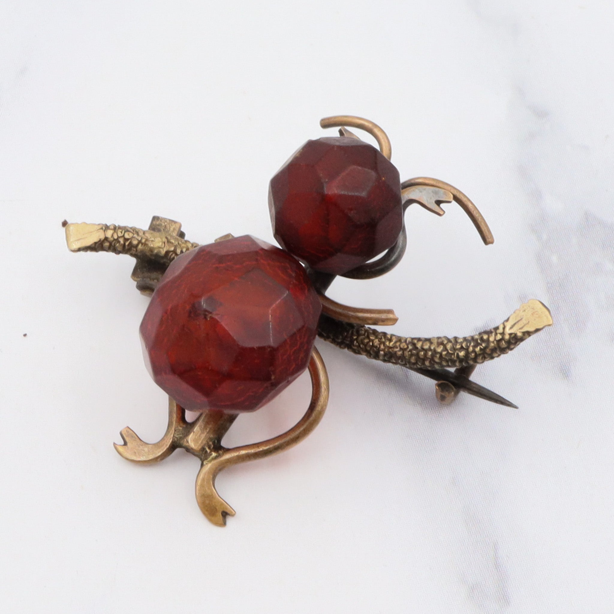 Antique brass and faceted amber large insect brooch